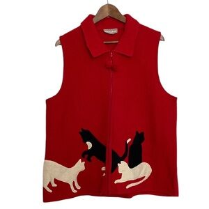 TanJay Red Sleeveless Zip-Front Vest with Cat Appliqués